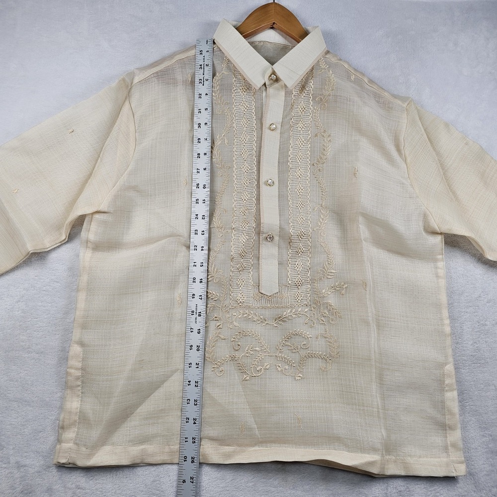Barong Tagalog Filipino Formal Dress Shirt Men L 44" Sheer Embroidered Button Up - Picture 9 of 11